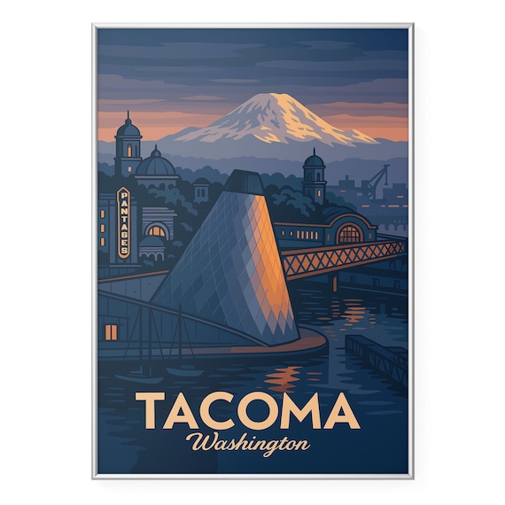 Tacoma Washington Night Waterfront Mount Rainier Retro Travel Poster