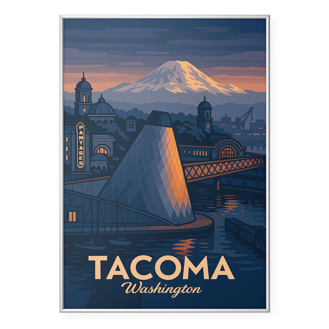 Tacoma Washington Night Waterfront Mount Rainier Retro Travel Poster