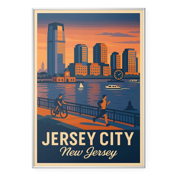 Jersey City Waterfront Skyline Art Print, Modern Decor