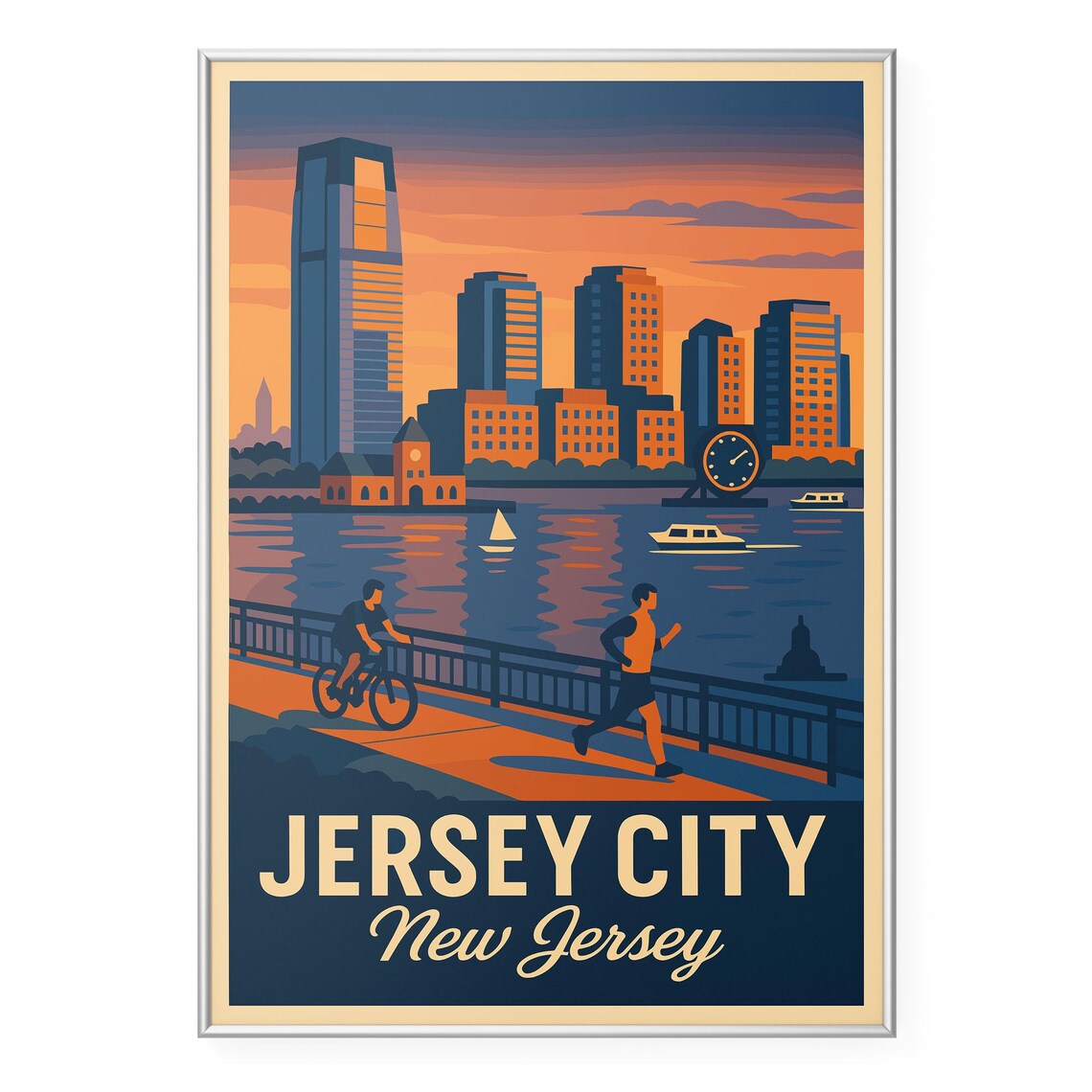 Jersey City Waterfront Skyline Art Print, Modern Decor