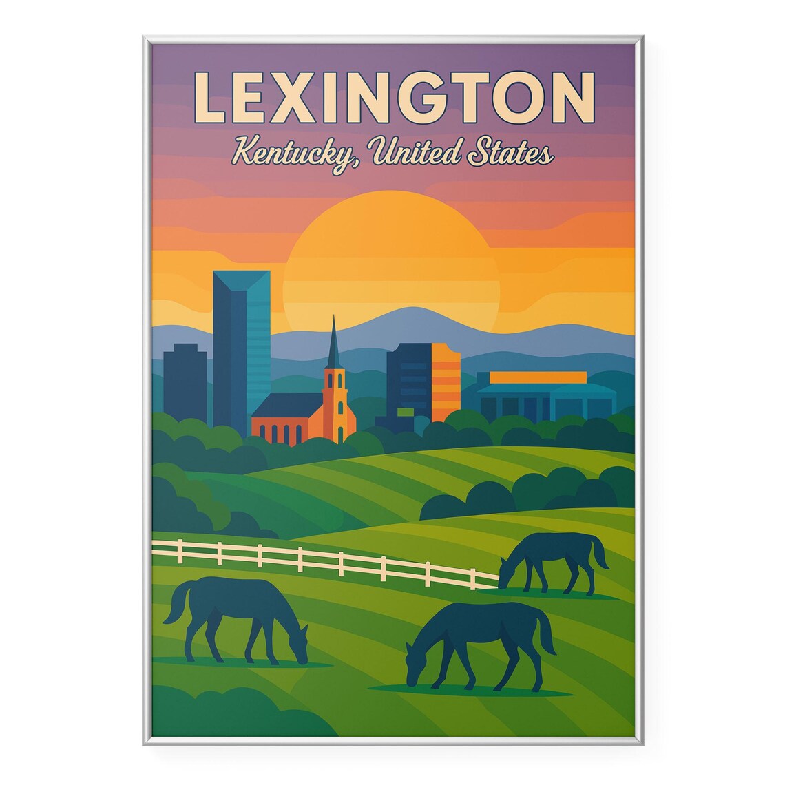 Lexington Kentucky Horses Grazing Sunset Skyline Travel Poster