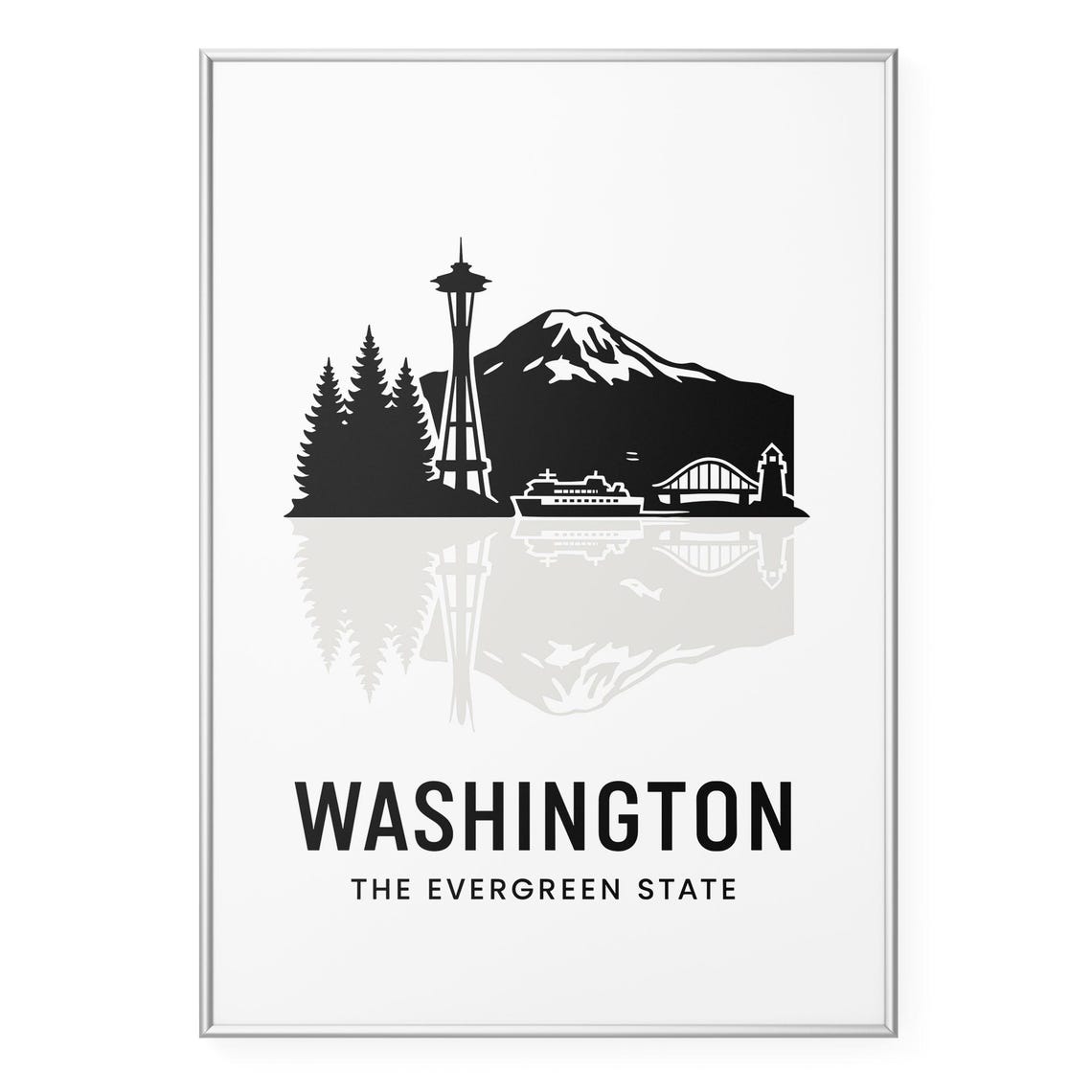 Washington Evergreen State Space Needle Mountain Silhouette Poster
