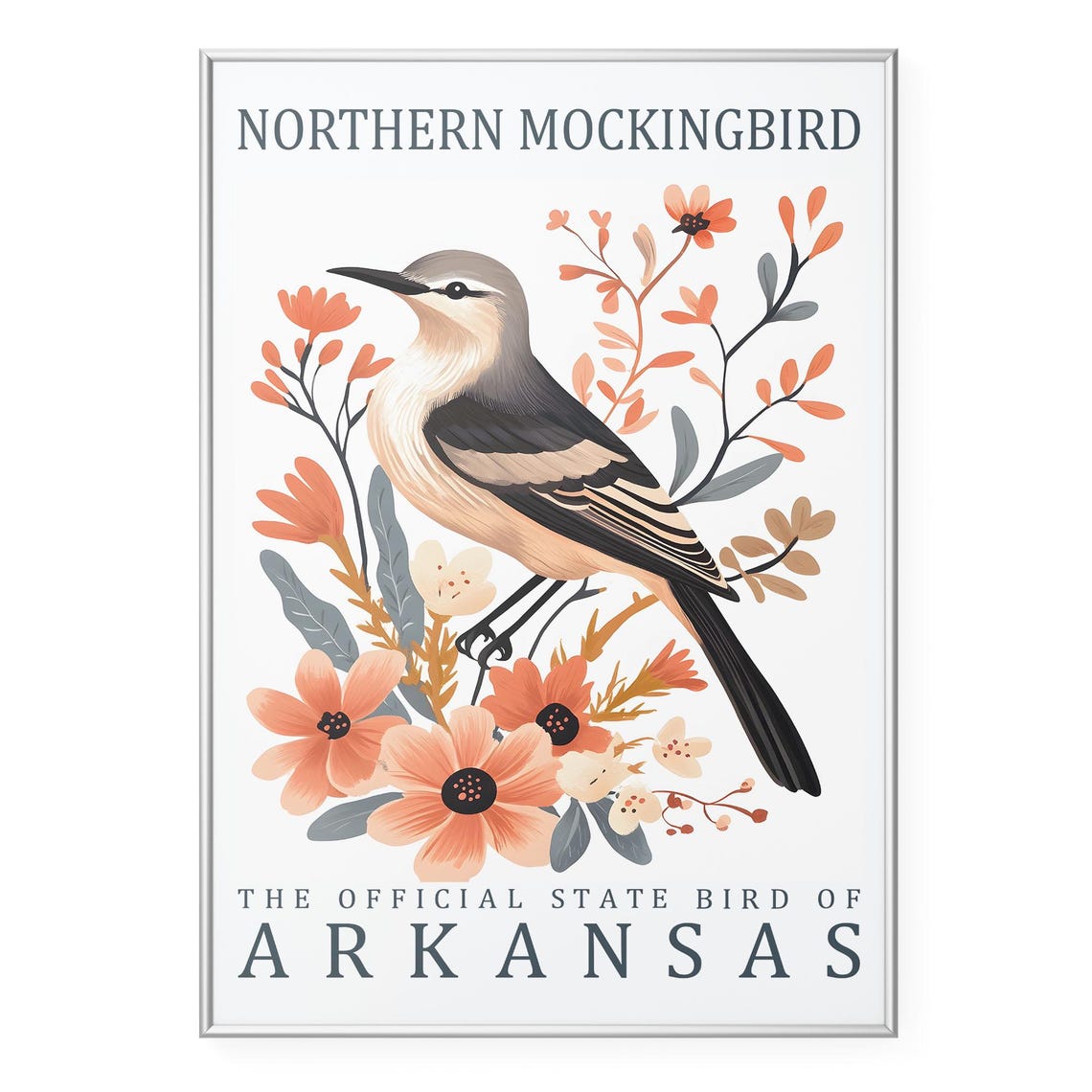 Northern Mockingbird Arkansas State Bird Botanical Illustration Poster