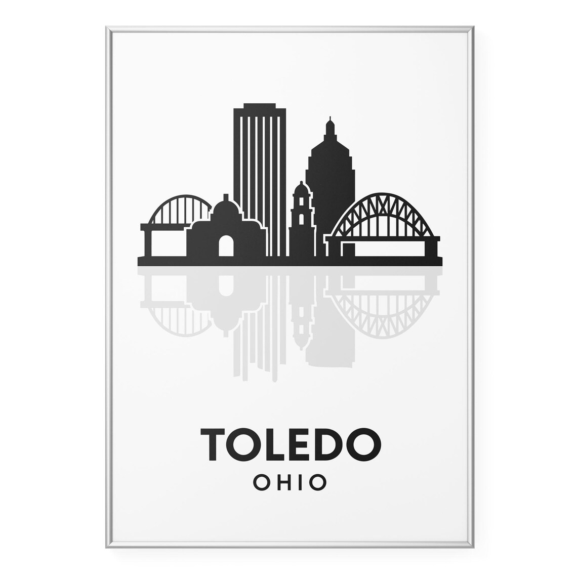 Toledo Ohio Skyline Silhouette Poster with Bridges Minimalist Black Art