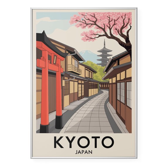 Kyoto Japan Cherry Blossom Street Travel Poster with Torii Gate