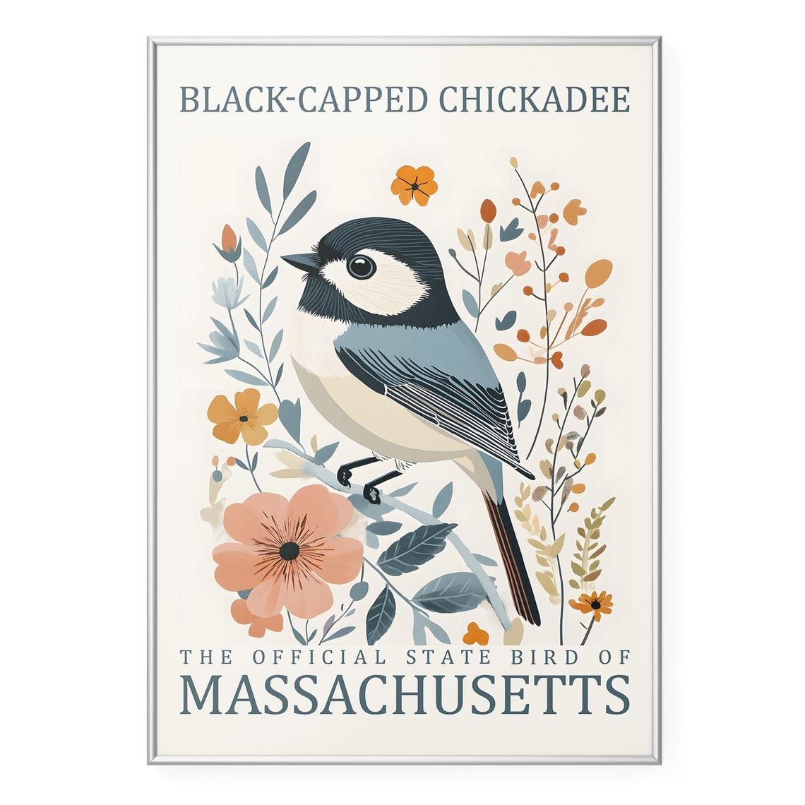 Black-Capped Chickadee Massachusetts State Bird Botanical Poster