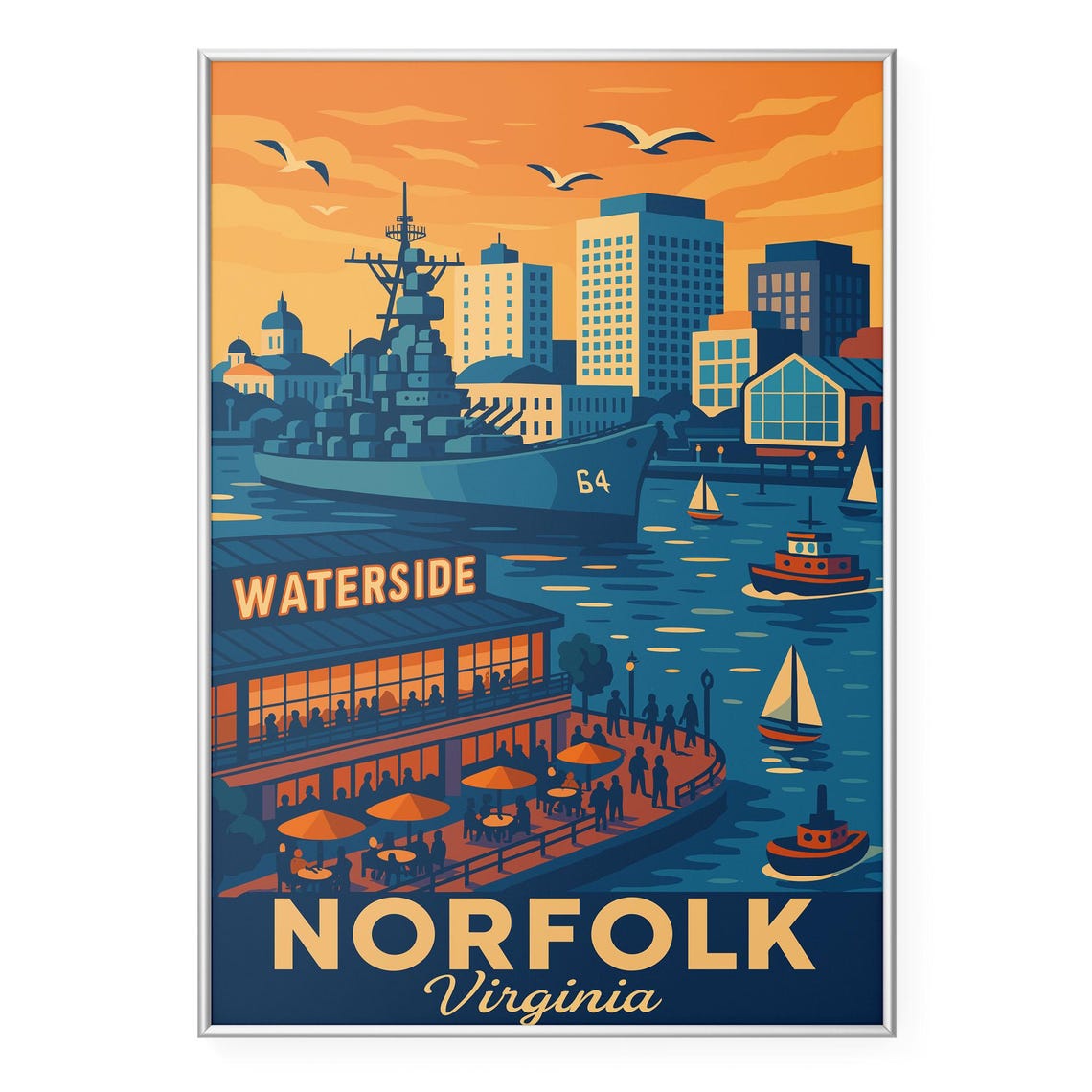 Norfolk Virginia Waterside Battleship Harbor Golden Sunset Poster