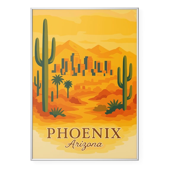 Phoenix Arizona Retro Sunset Desert Cactus Skyline Travel Poster