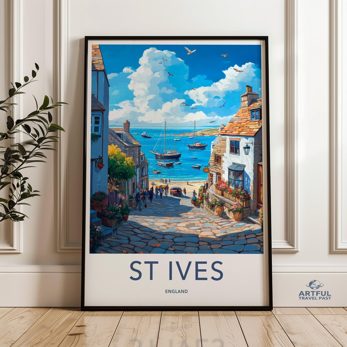 St Ives England Harbor Town Boats Sunny Seaside Vintage Travel Poster