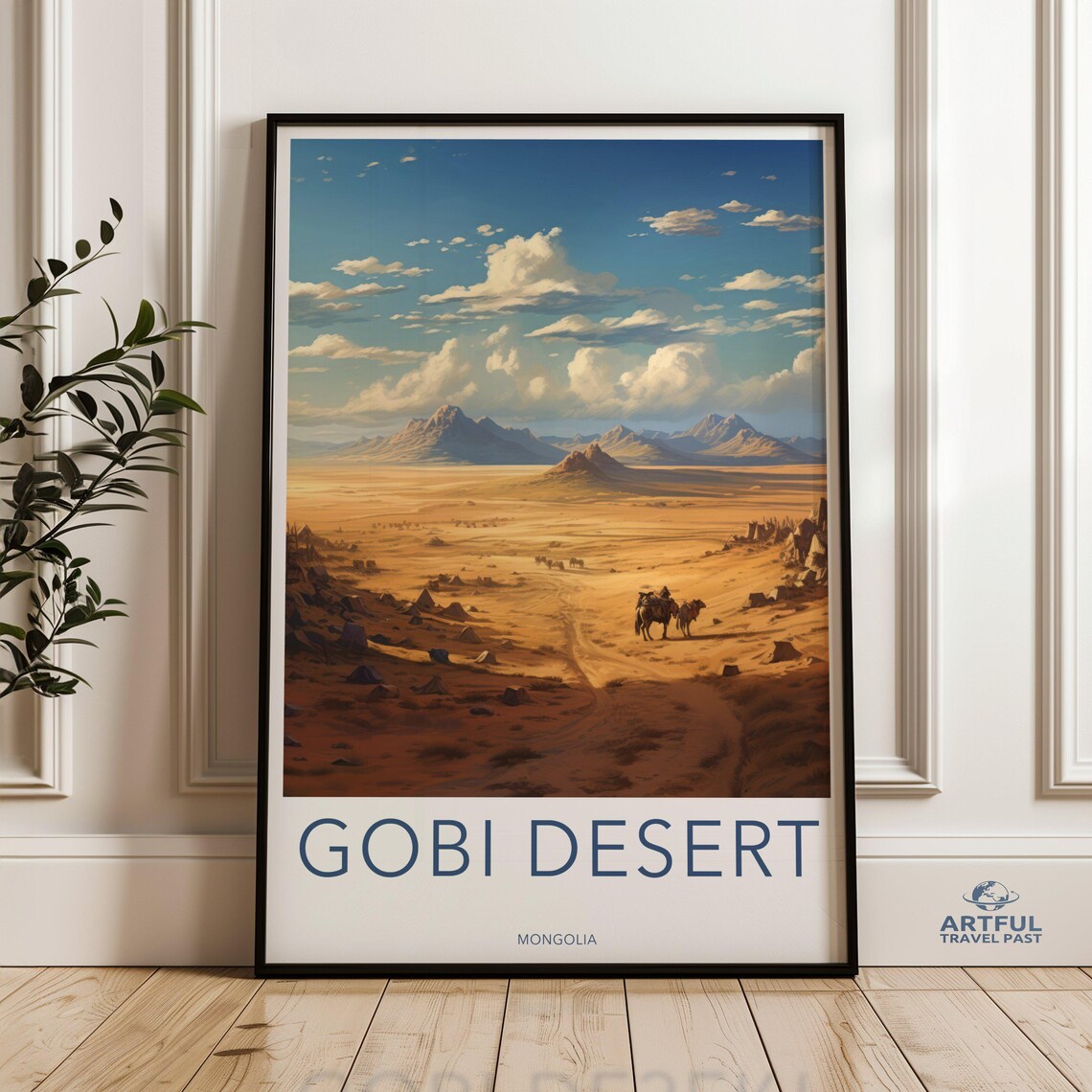 Gobi Desert Mongolia Camel Caravan Dunes Golden Travel Poster
