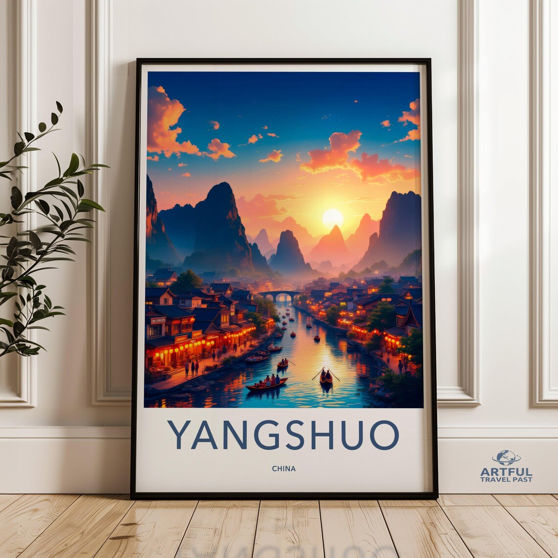 Yangshuo China Karst Mountain River Sunset Vintage Travel Poster