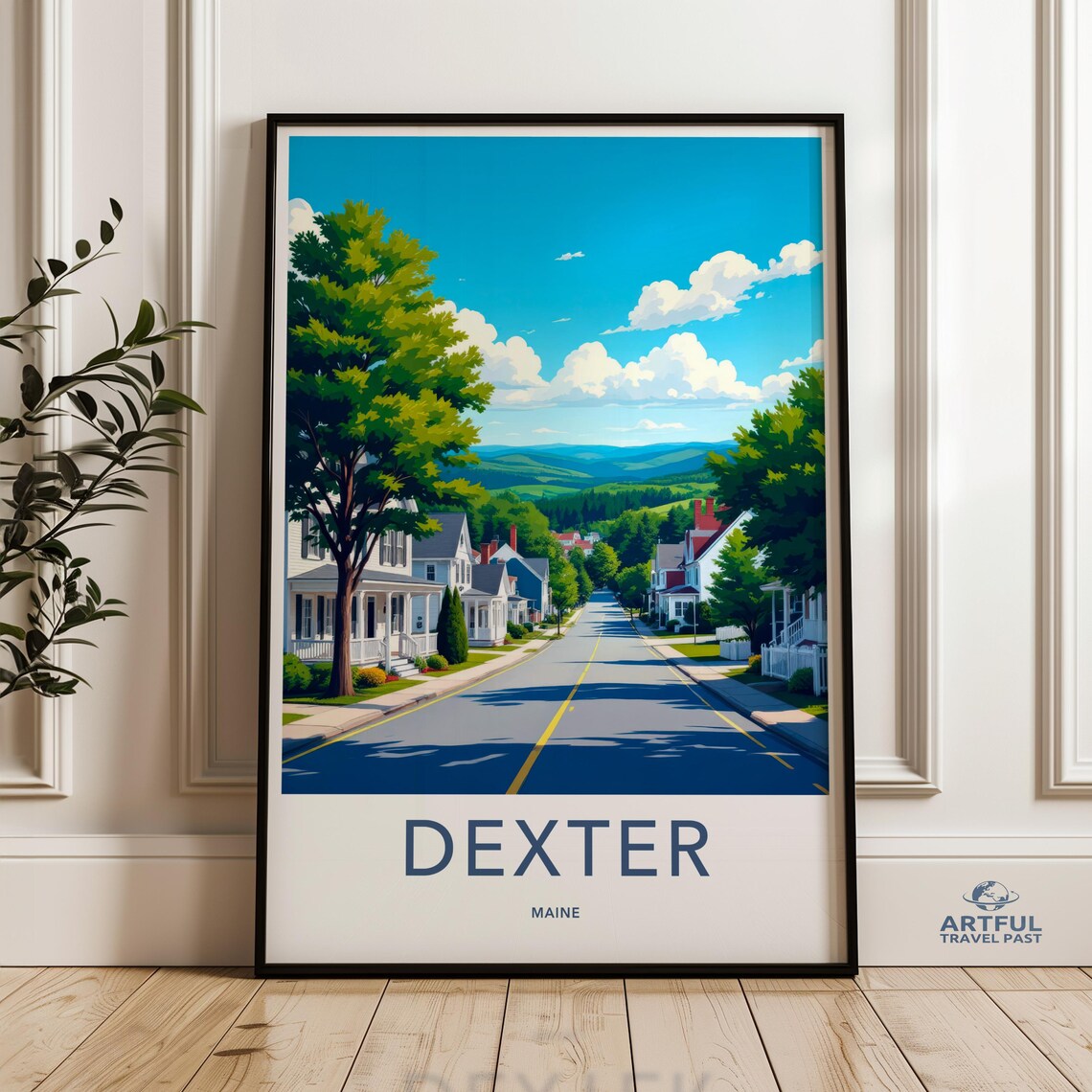 Dexter Maine Small Town Street View Blue Sky Vintage Travel Poster