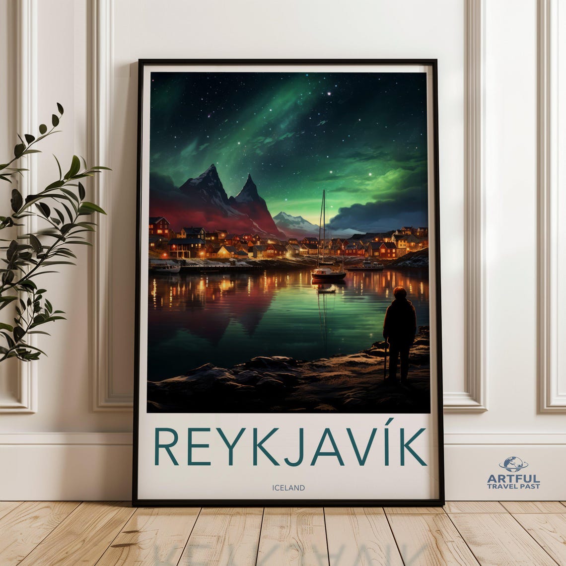 Reykjavik Iceland Aurora Borealis Harbor Sailboat Travel Night Poster