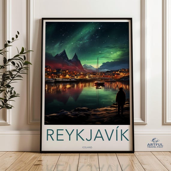 Reykjavik Iceland Aurora Borealis Night Sky Landscape Scandinavian Scenic Wall Art Print Stunning Northern Lights Posters Home Decor