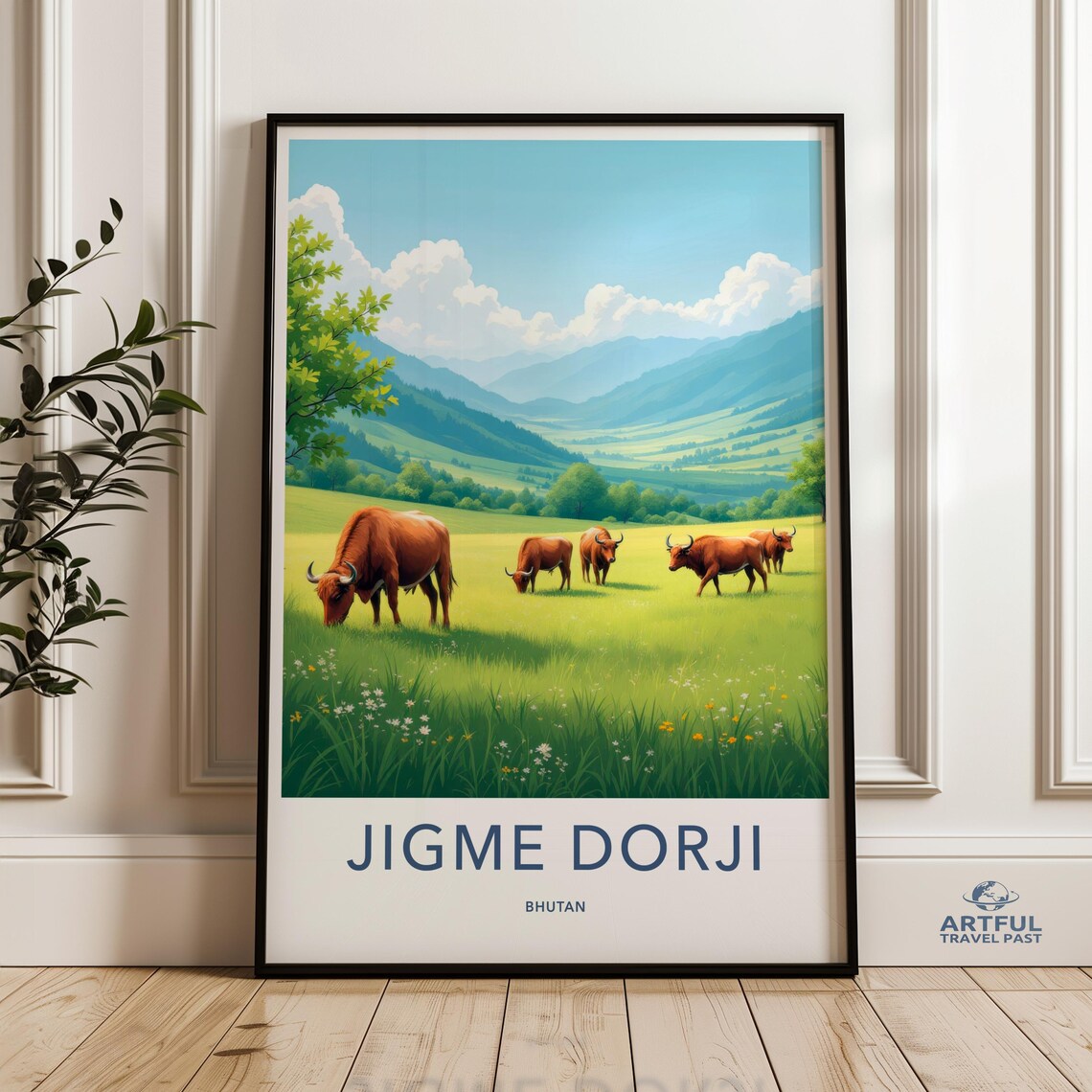 Jigme Dorji Bhutan Travel Poster with Wild Takins in a Green Valley