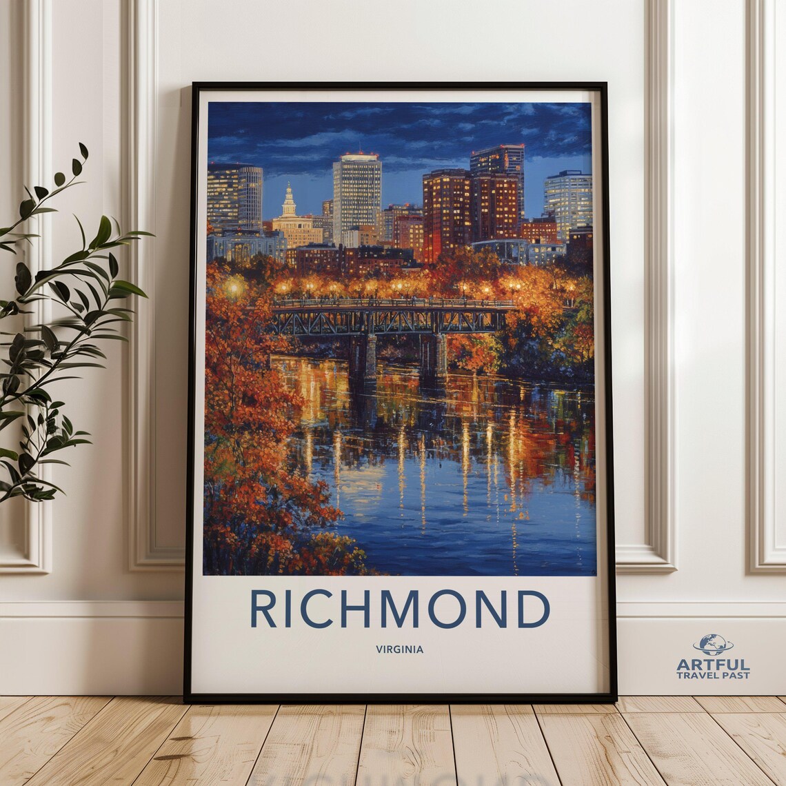 Richmond Virginia Glowing Night Bridge Autumn Vintage Travel Poster