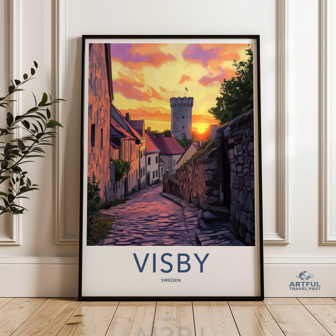 Visby Sweden Medieval Street And Old Tower At Sunset Travel Poster