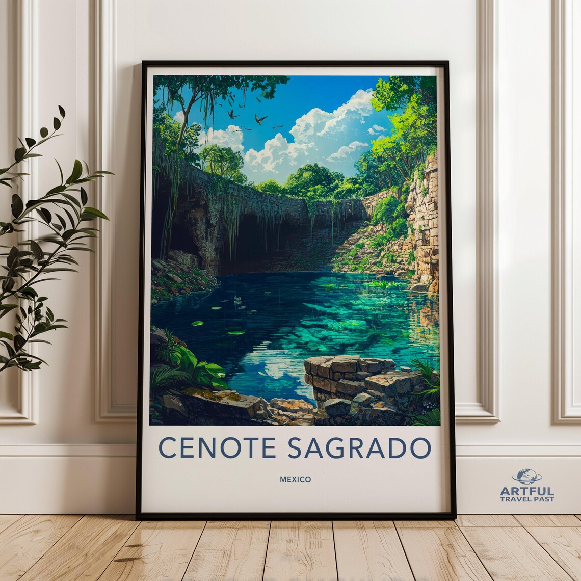 Cenote Sagrado Mexico Turquoise Jungle Sinkhole Travel Poster