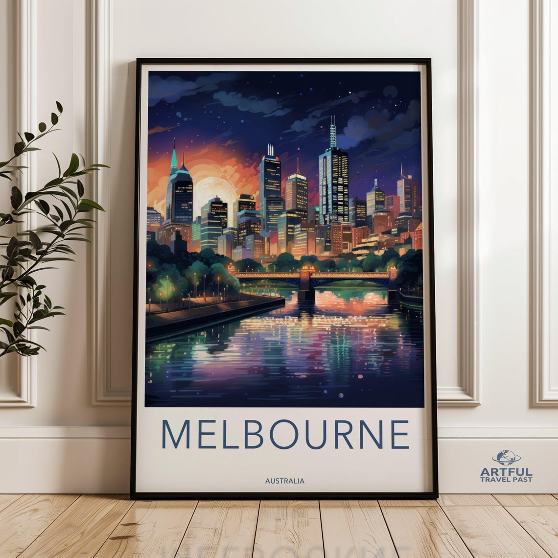 Melbourne Australia Night Skyline River Bridge Lights Travel Poster