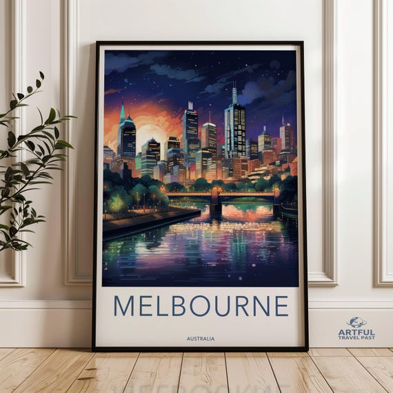 Melbourne City Skyline Wall Art Illuminated Night View Print Vibrant Urban Landscape Modern Home Decor Australia Travel