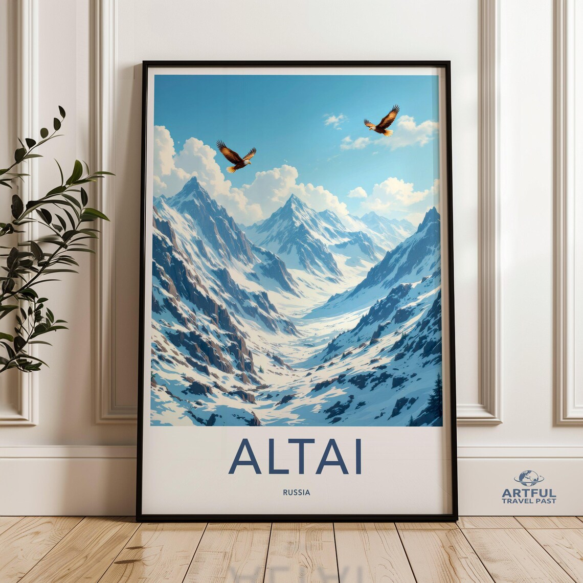 Altai Russia Snowy Mountain Peaks Soaring Eagles Alpine Travel Poster