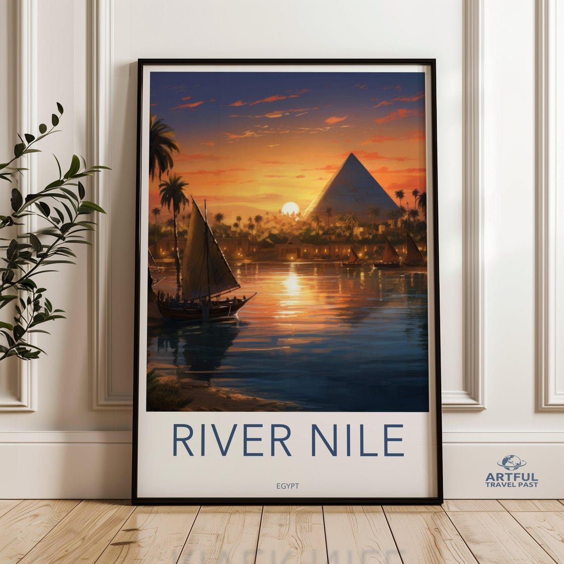 River Nile Egypt Pyramid Sunset Felucca Vintage Travel Poster