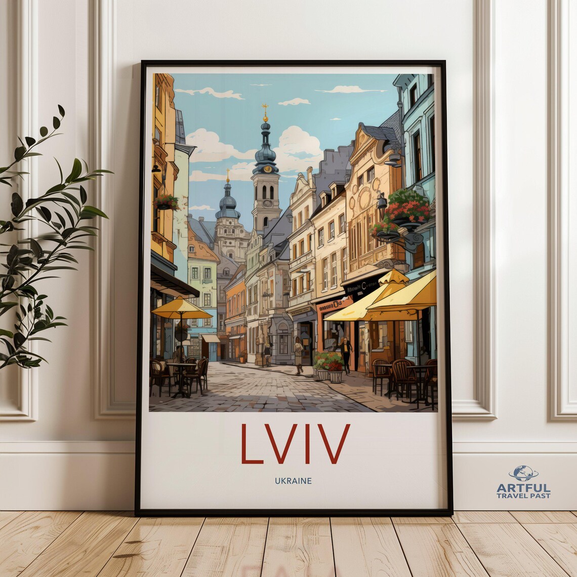 Lviv Ukraine Old Town Street Poster European Cafe Scene Travel Art