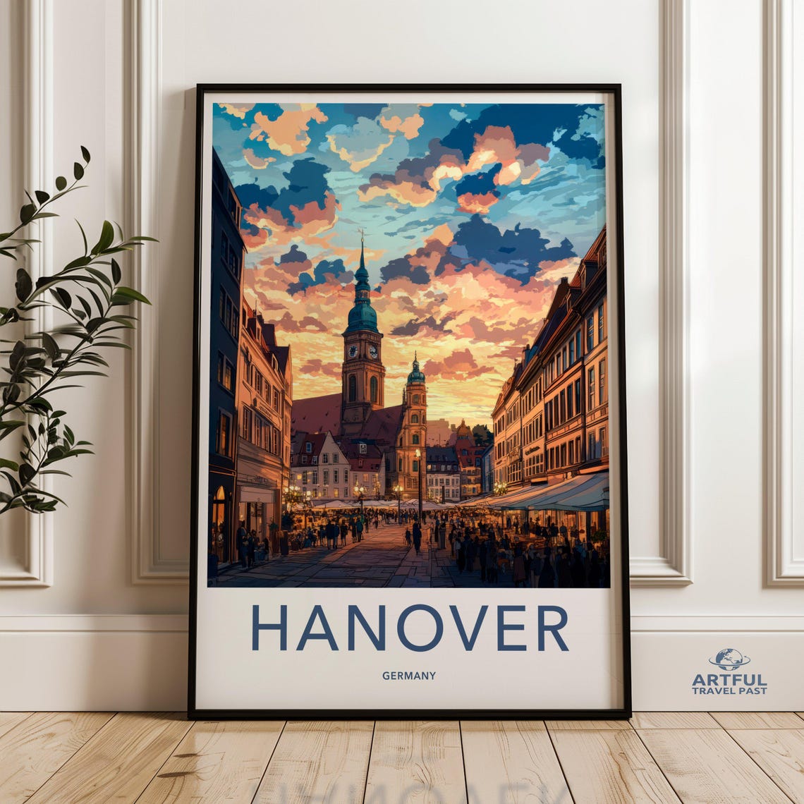 Hanover Germany Travel Poster Old Town Sunset Market Square Scene