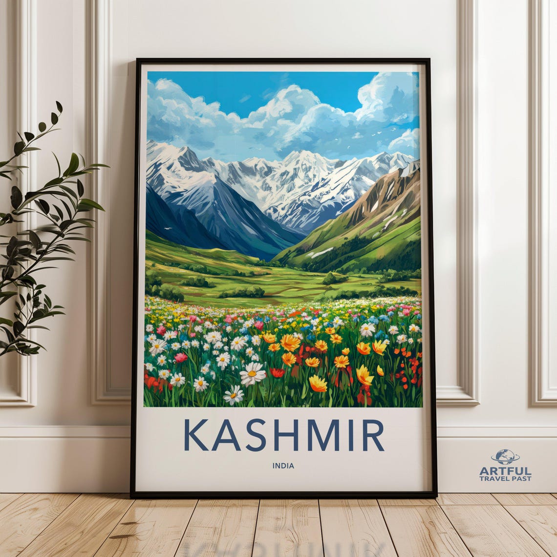 Kashmir India Wildflower Meadow Snowy Mountains Travel Poster