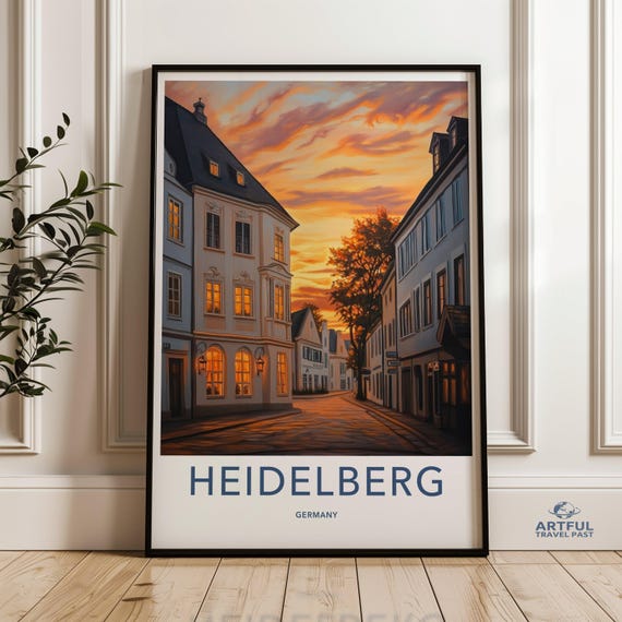 Heidelberg Germany Cityscape Wall Art European Street Scene Decor Sunset Urban Artwork Travel Poster