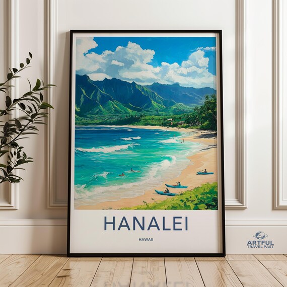 Hanalei Hawaii Tropical Beach Kayaking Mountain View Travel Poster