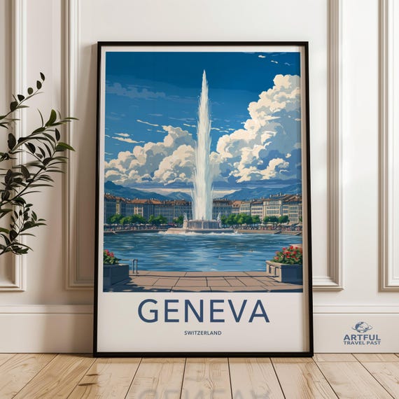 Geneva Switzerland Wall Art Cityscape Poster Lake Fountain Print Travel Decor Swiss City Artwork Scenic