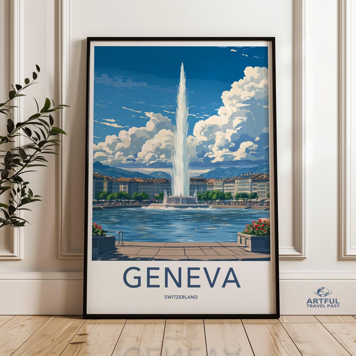 Geneva Switzerland Jet dEau Lake Fountain Retro Travel Poster