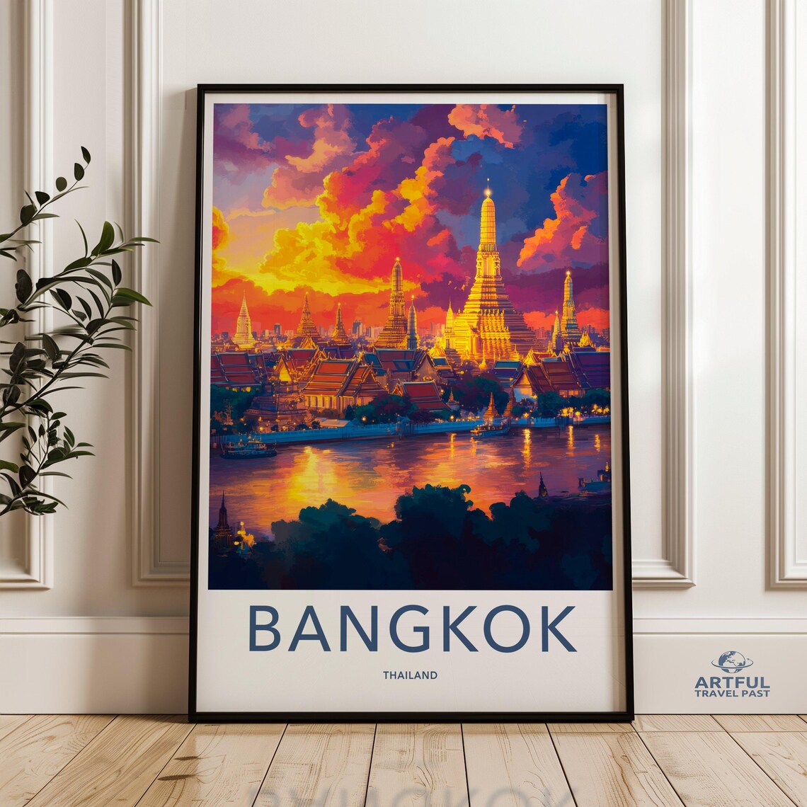 Bangkok Wat Arun Temple Golden Sunset River Vintage Travel Poster