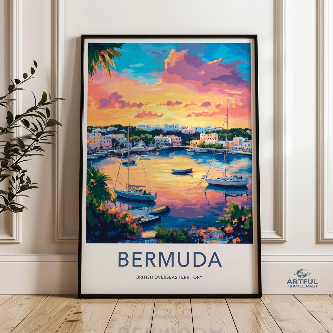 Bermuda Sunset Harbor Sailboats Tropical Seascape Travel Poster