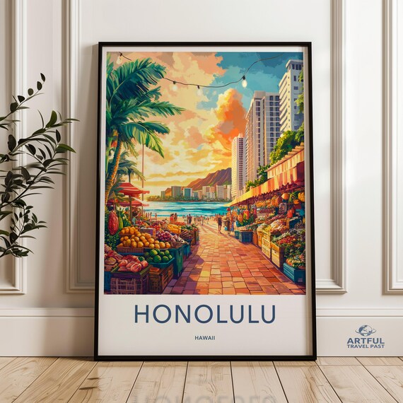 Honolulu Hawaii Vintage Travel Poster With Waikiki Market Street Scene