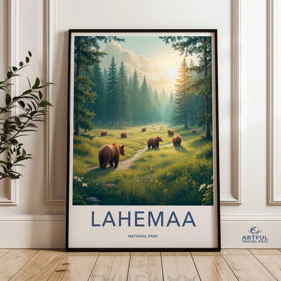 Lahemaa National Park Bear Landscape Nature Wall Art Wildlife Illustration Forest Scene Decor Scenic Artwork Print