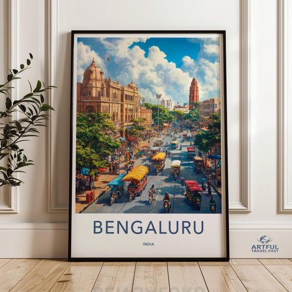 Vintage Bengaluru India Wall Art Street Cityscape Print Vibrant Urban Decor Colorful Busy Road Scene Historical Architecture