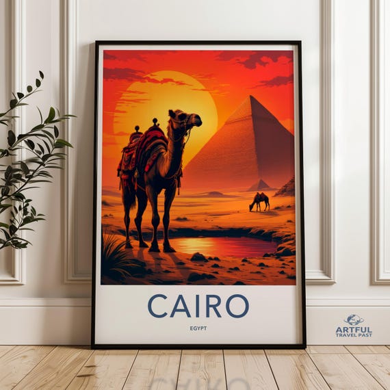 Sunset Cairo Wall Art Camel And Pyramid Poster Egyptian Desert Landscape Print Decor Colorful Travel