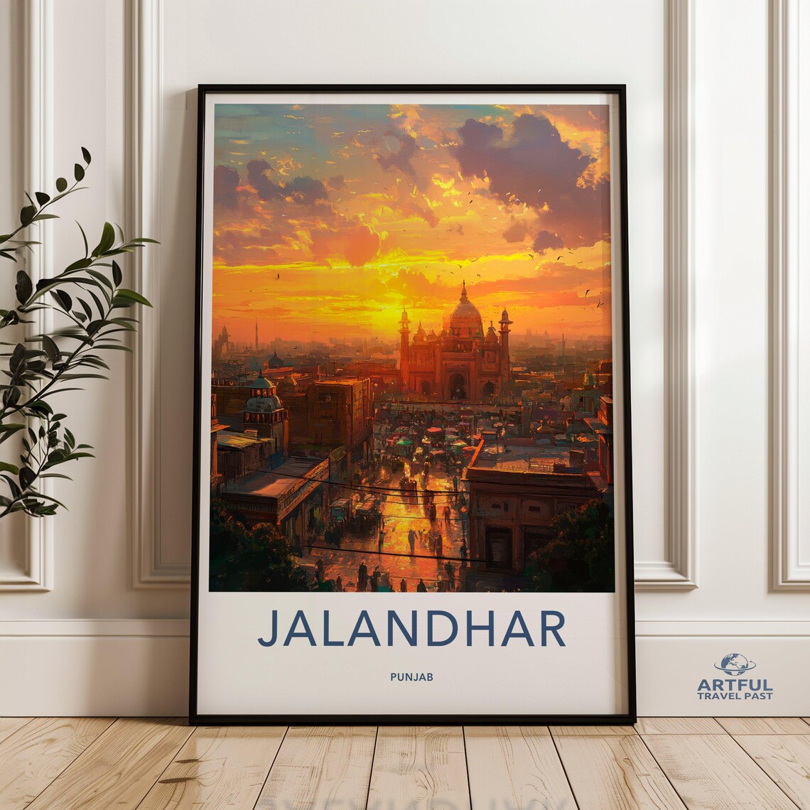 Jalandhar Punjab City Sunset Skyline Domes Vintage Travel Poster