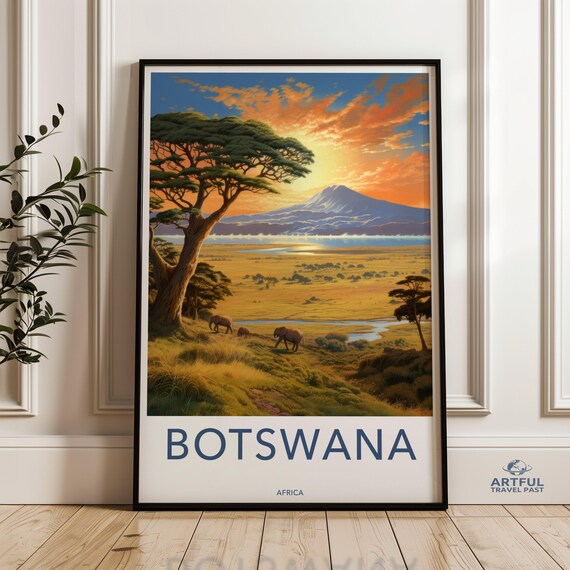 Botswana Wall Art African Wildlife Sunset Landscape Scenic Nature Poster Safari Decor Elephant Herd Plains