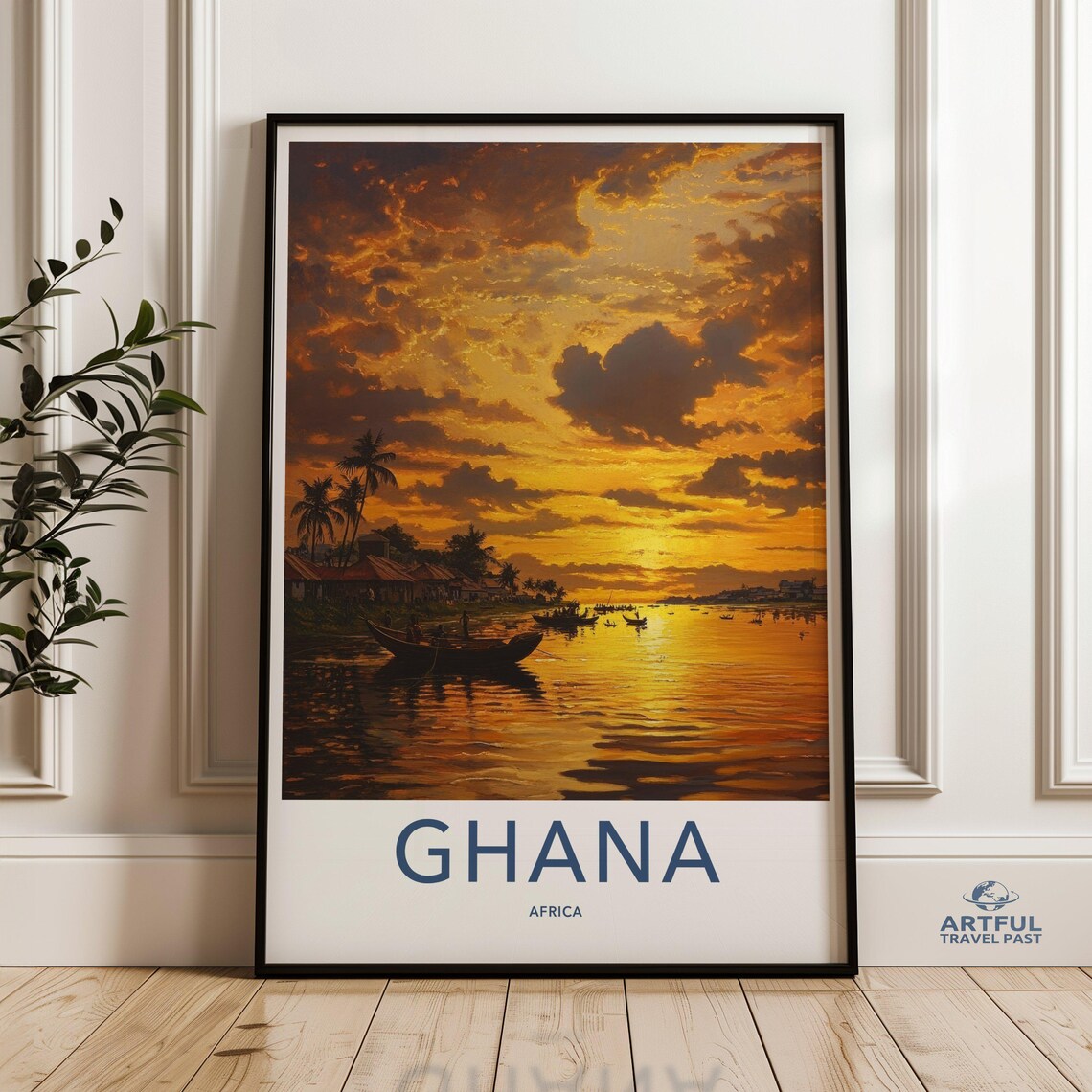 Ghana Africa Sunset River Canoes Golden Palms Travel Destination Poster