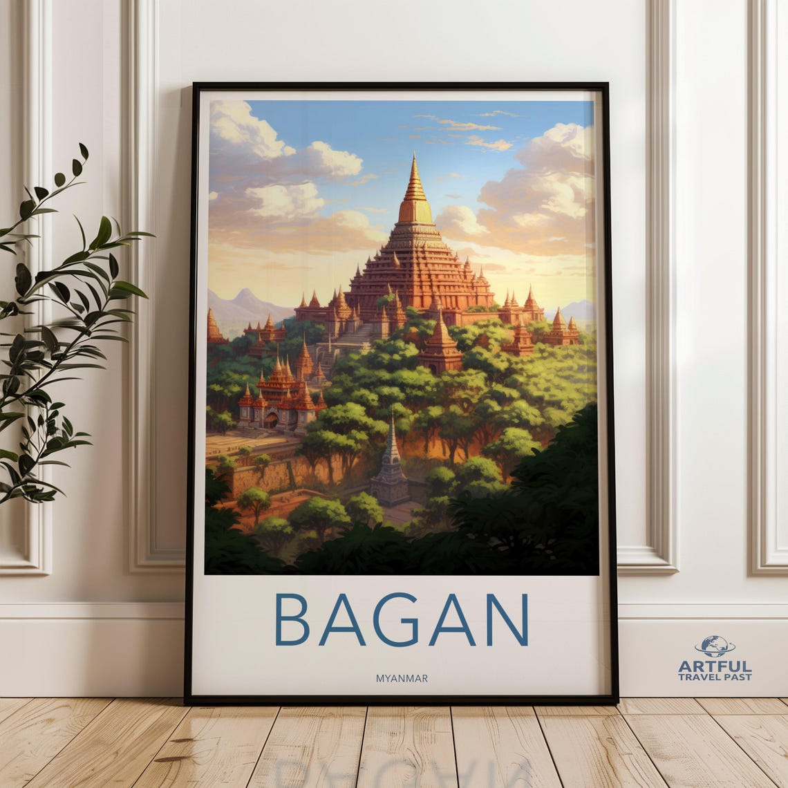 Bagan Myanmar Golden Temples Among Trees Vintage Travel Poster
