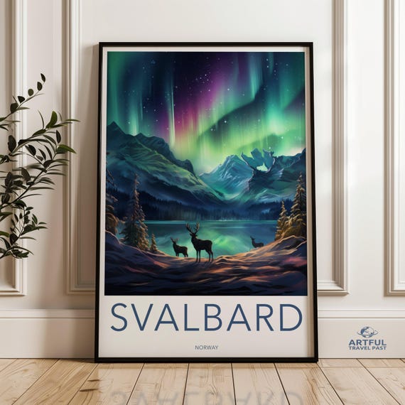 Northern Lights Wall Art Nature Landscape Print Aurora Borealis Decor Scandinavian Night Sky Svalbard Norway Poster Stag Deer Scene