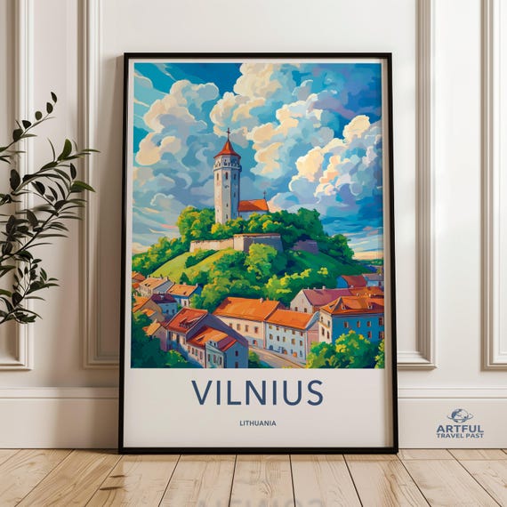 Vilnius Lithuania Wall Art Cityscape Poster Travel Print Landscape Painting Tower Illustration Clouds Home Decor Unique Gift