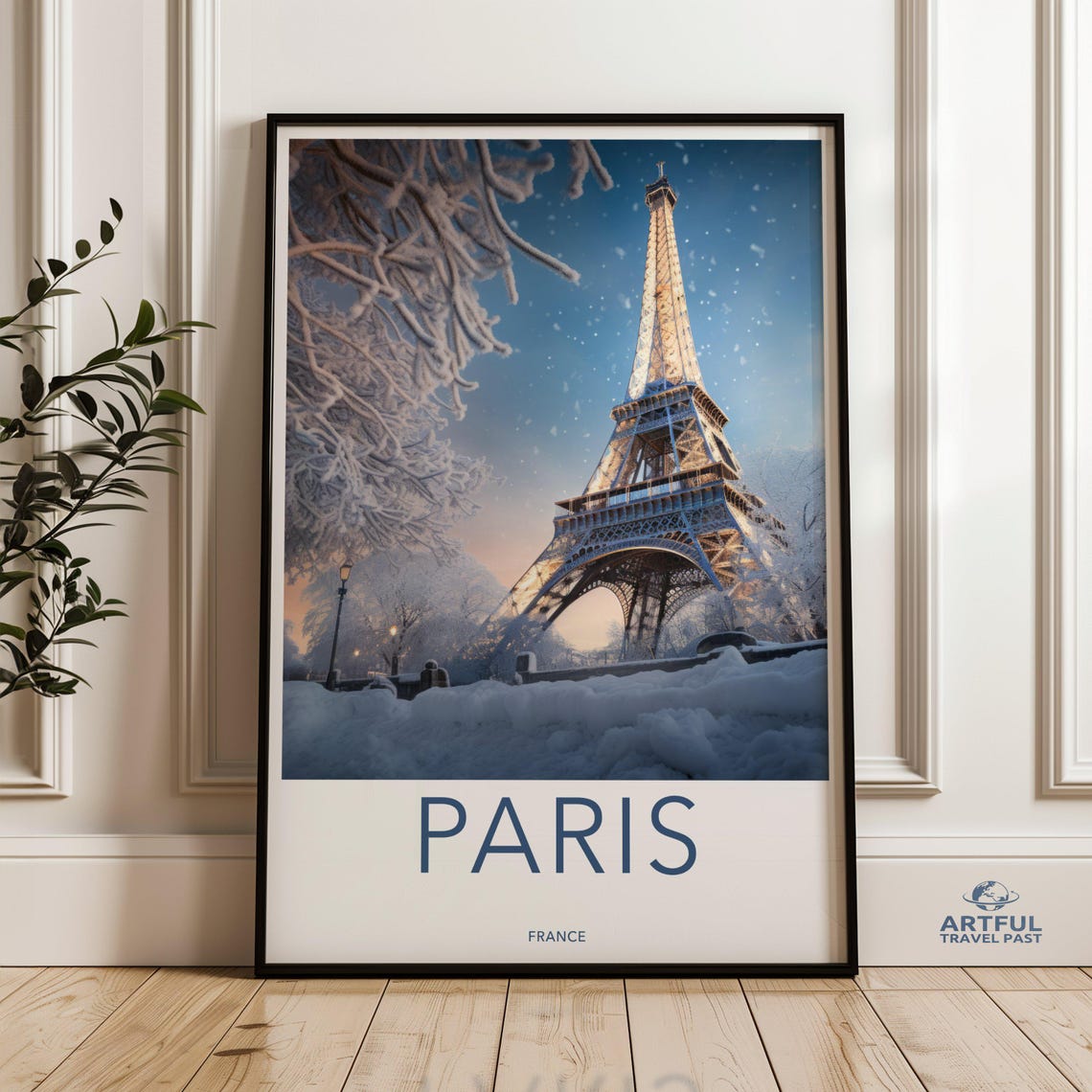 Paris France Winter Eiffel Tower Snowy Evening Retro Travel Poster