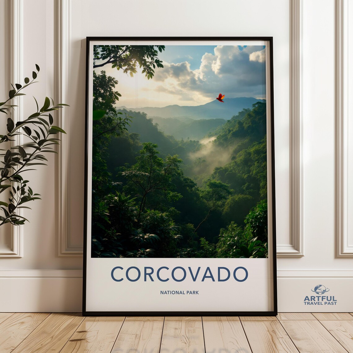 Corcovado National Park Misty Rainforest Scene with a Scarlet Macaw Poster