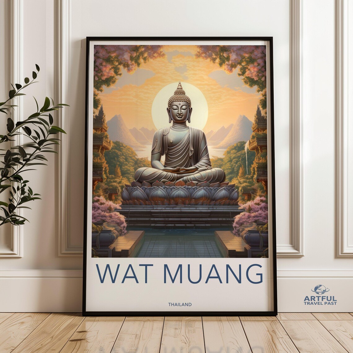 Wat Muang Thailand Buddha Temple Sunrise Vintage Travel Art Poster