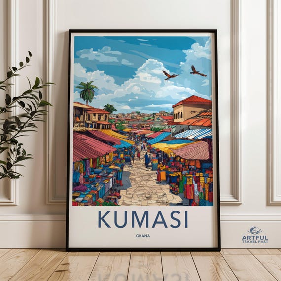 Kumasi Wall Art Ghana Market Scene Poster African Street Print Colorful Landscape Illustration Decor