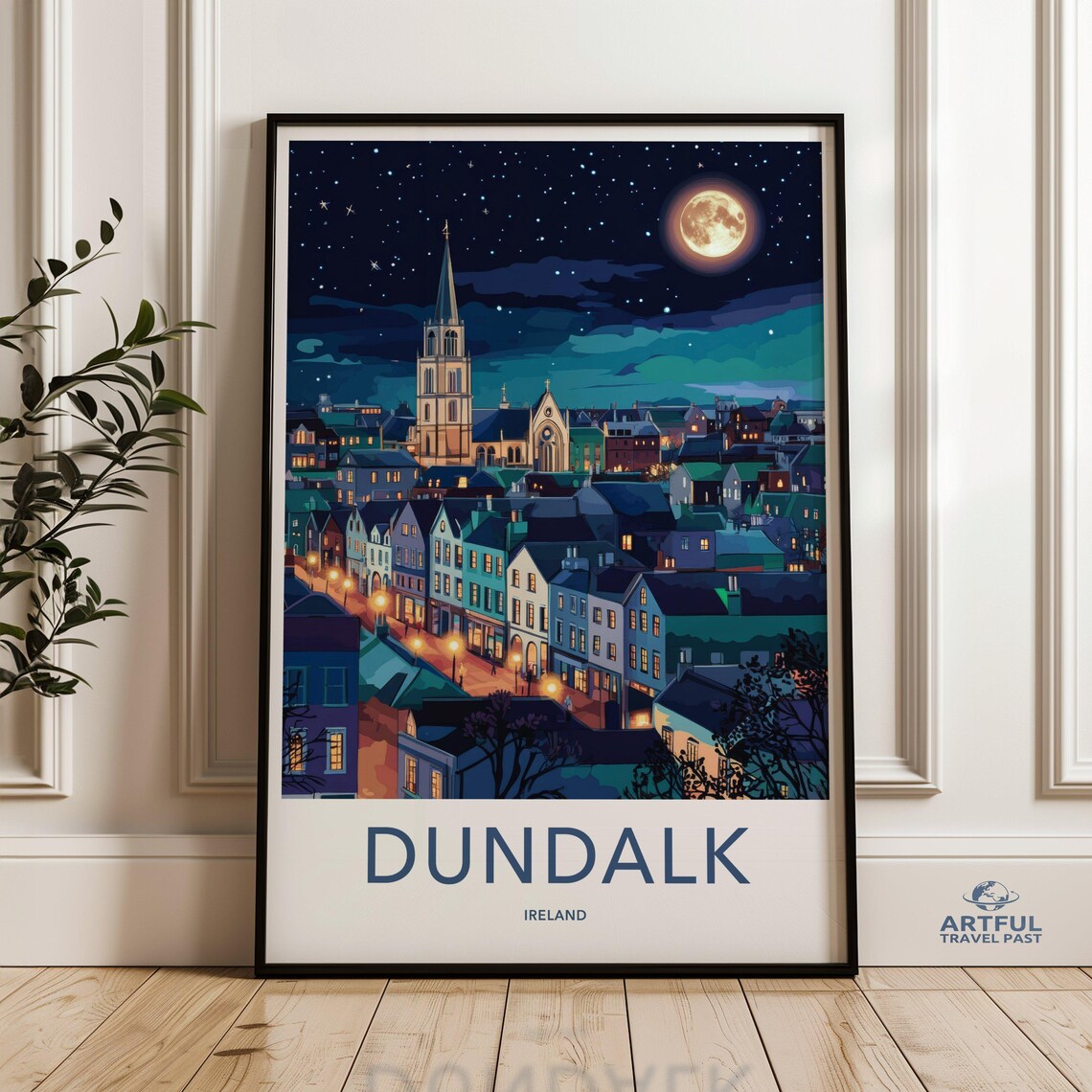 Dundalk Ireland Night Cityscape Travel Poster with Moonlit Church